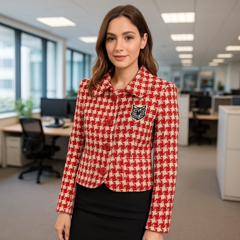 90s Stylish Red and White Houndstooth Blazer. Size M.